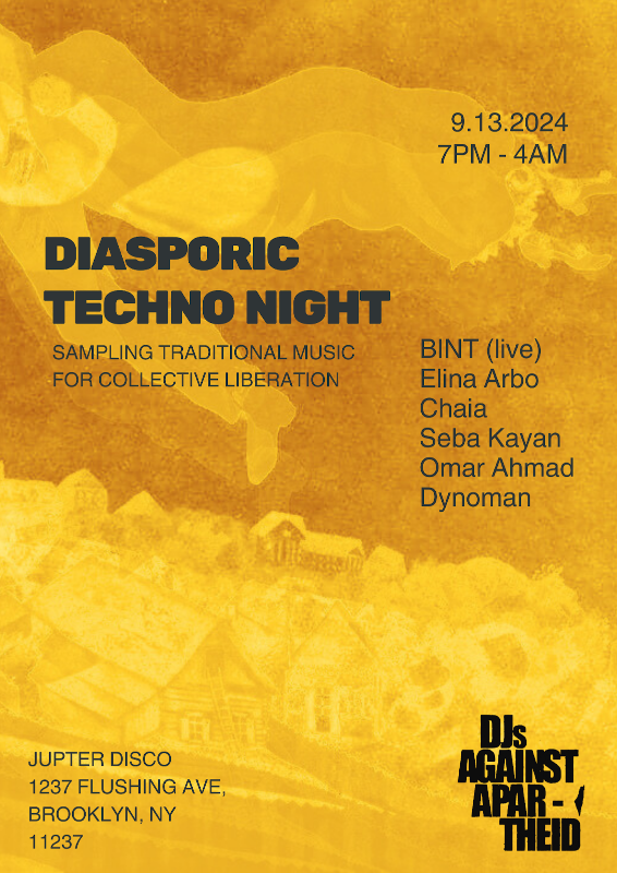 Bright yellow poster for announcing a release party for "Borough Park," titled "Diasporic Techno Night" with several other artists.