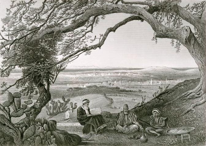 Black-and-white illustration of Muslims studying the Quran beneath a tree, with Gaza in the background.