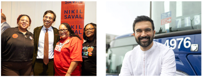 left: Nikil Saval smiling with three Black women, one in a UNITE-HERE shirt; right: Zohran Mamdani smiling sitting in front of a bus