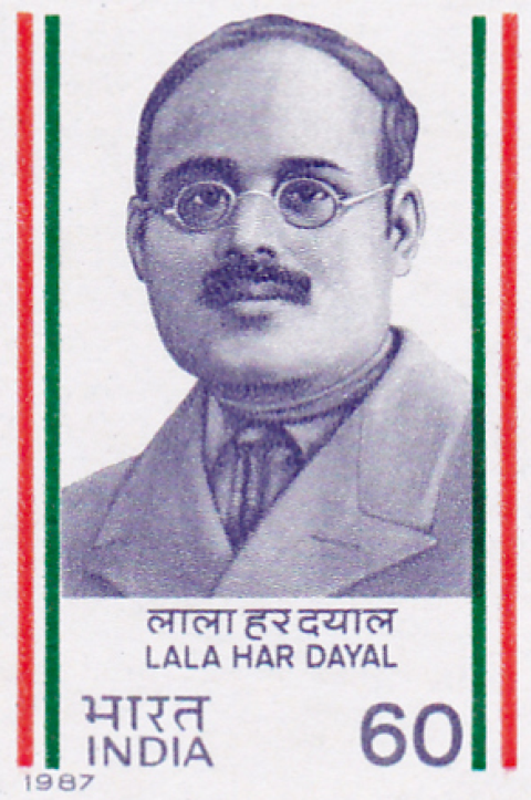 B&W photo of Lala Har Dayal on Indian stamp from 1987 with name in Hindi & English