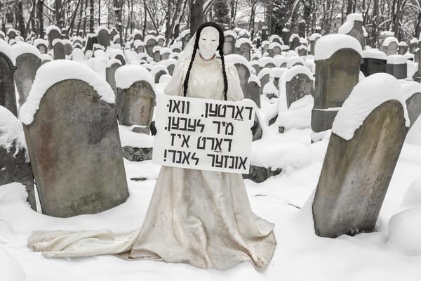 A dybbuk stands in a snowy cemetery holding a sign that reads in Yiddish: Wherever we live, that's our homeland.