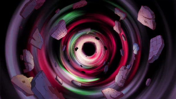 A still image of an illustrated vortex in green, pink, black and purple from "Lyd." 