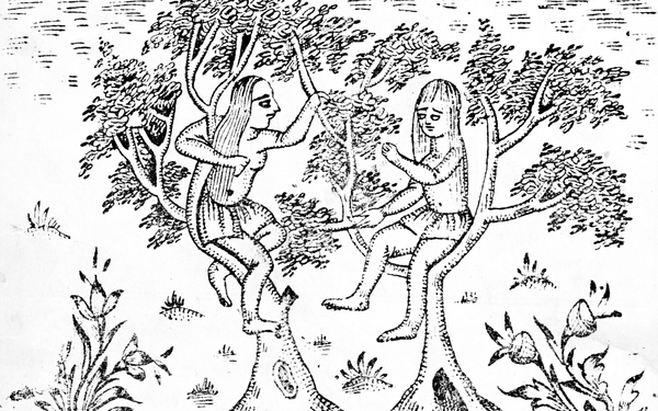 drawing of two persons in loincloths sitting in trees, apparently talkign to one another