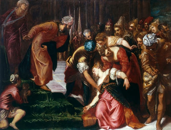 A painting of Esther fainting in front of her husband, King Ahasuerus of Persia